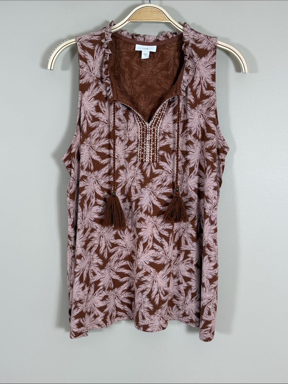 J. Jill Brown & Dusty Pink Tassel V-Neck Sleeveless Top